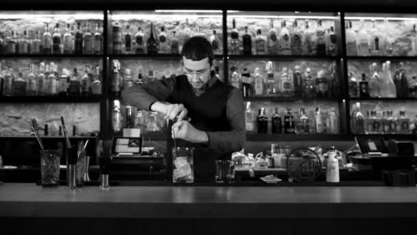 Cóctel de coctel en coctelera en el bar blanco y negro — Vídeo de stock