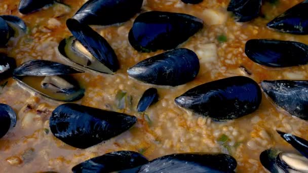 Paella tavasında taze deniz ürünleri pişirme videosunu kapat. — Stok video