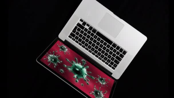 Spinnender Laptop mit Virus auf dem Bildschirm — Stockvideo