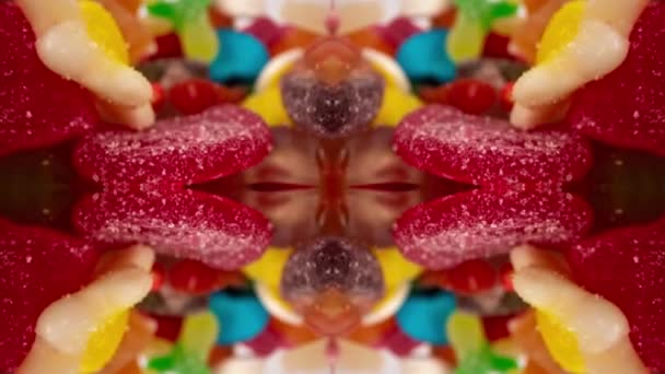 Macro fly-through footage of jelly sweets abstrak pattern — Stok Video