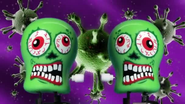 Зеленый череп игрушки с клетками вируса — стоковое видео