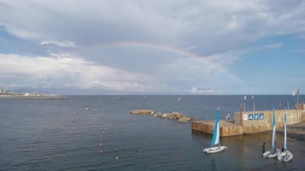 Rainbow over Port Olympic marina, Barcelona — Stock Video