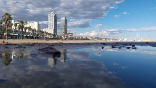 Skyline di Barcellona riflesso in una pozzanghera, Spagna — Video Stock