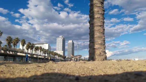 Barcelona přístav olympijské panorama z nízkého úhlu na pláži — Stock video