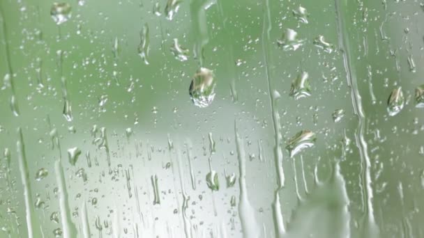 Närbild Bilder Vattendroppar Fönsterglas Med Suddig Naturliga Bakgrund — Stockvideo
