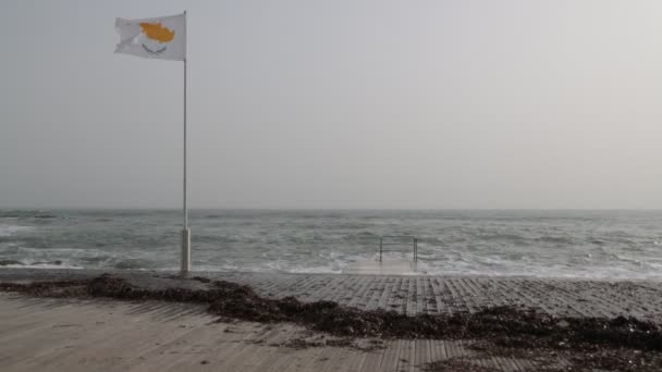 Bandera Ondeando Cerca Del Mar Contra Cielo Cyprus — Vídeos de Stock