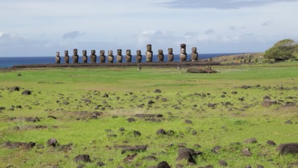 Moai Figuras Humanas Monolíticas Esculpidas Pelo Povo Rapa Nui Ilha — Vídeo de Stock