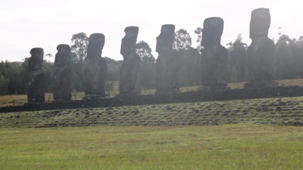 Moai Monolithische Menselijke Figuren Gesneden Door Rapa Nui Mensen Paaseiland — Stockvideo