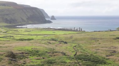 Moai, monolithic human figures carved by Rapa Nui people on Easter Island in eastern Polynesia