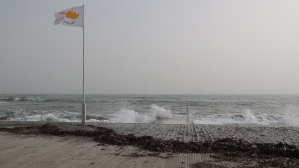 Ondeando Bandera Frente Cielo Gris Mar Chipre — Vídeos de Stock