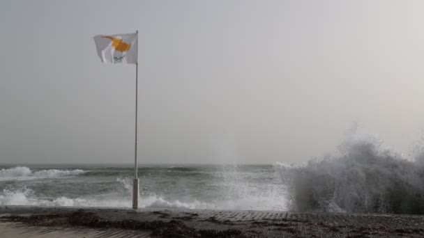Bandera Ondeando Cerca Del Mar Contra Cielo Cyprus — Vídeos de Stock