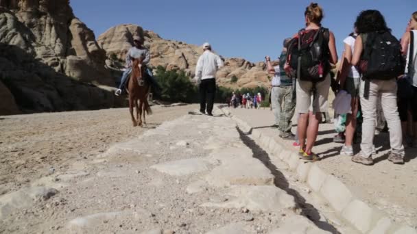 Vista Panorámica Caravana Camellos Personas Identificadas Desierto Durante Día — Vídeo de stock