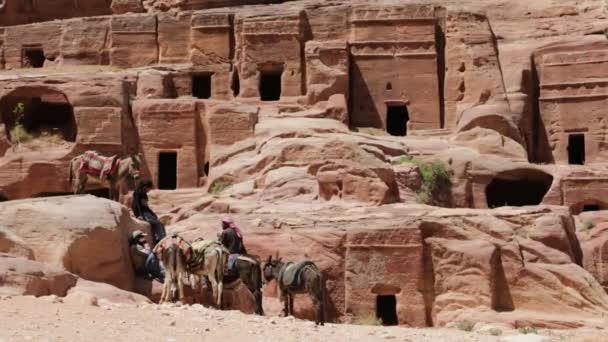 Çöl Kanyonları Arasında Eşeklere Binen Insanların Görüntüsü — Stok video