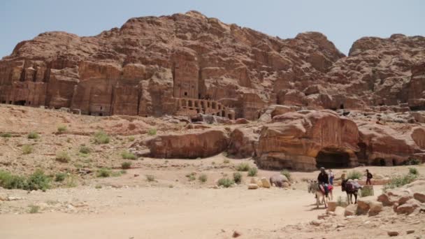 Riprese Panoramiche Persone Che Cavalcano Asini Tra Canyon Del Deserto — Video Stock