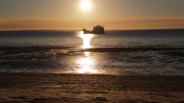 Barco Flotando Océano Australia Durante Puesta Del Sol — Vídeos de Stock