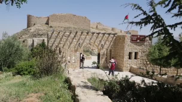 Lidí Kteří Jdou Poblíž Starožitný Hrad Jordánsku — Stock video