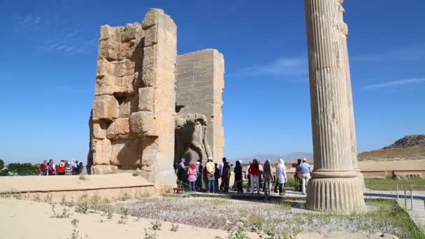 Toeristen Persepolis Oude Ruïnes Historische Bestemming Monumenten Iran — Stockvideo