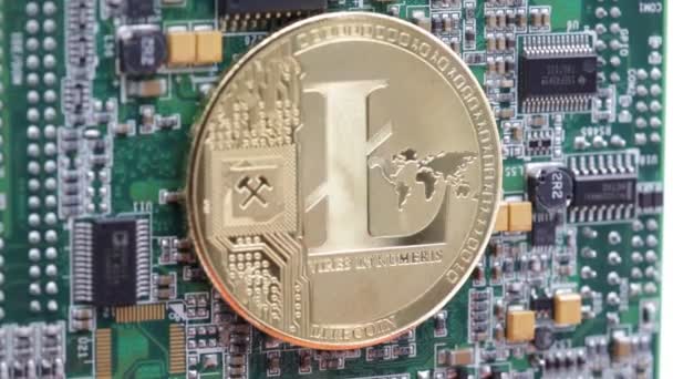 Närbild Bilder Mynt Med Litecoin Logga Dator Krets — Stockvideo