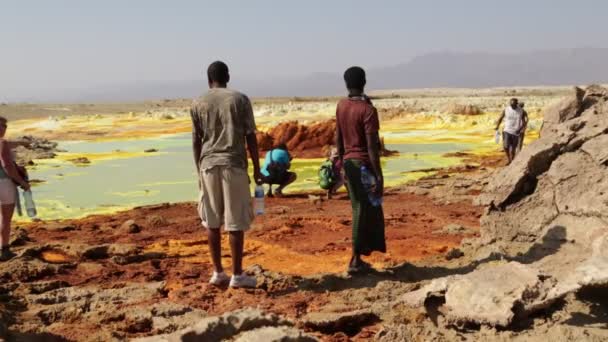 埃塞俄比亚 达洛尔 2017年12月 在火山洼地行走的不明身份者 — 图库视频影像