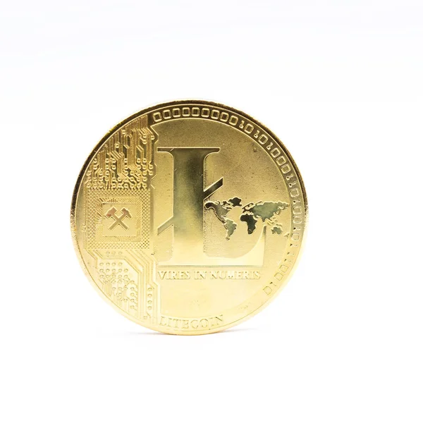 Γκρο Πλαν Βολή Των Νομισμάτων Σύμβολο Litecoin Απομονωθεί Λευκό — Φωτογραφία Αρχείου