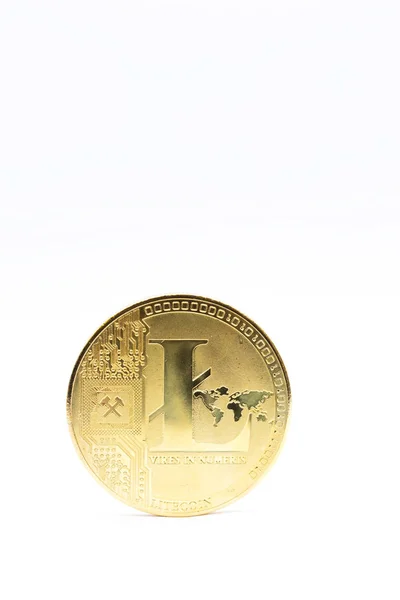 Närbild Gyllene Mynt Med Litecoin Symbol Isolerad Vit — Stockfoto