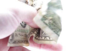 beyaz üzerinde buruşuk dolar tutan adam kırpılmış görünümü