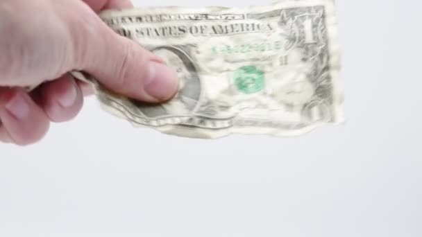 Cropped View Man Holding Crumpled Dollar White — Stock Video