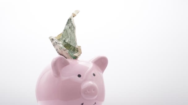 Piggy Bank Met Dollar Bankbiljet Witte Achtergrond Zoals Concept Van — Stockvideo