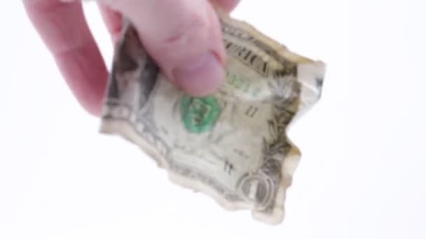 Обрезанный Вид Человека Держащего Смятый Доллар Белом — стоковое видео
