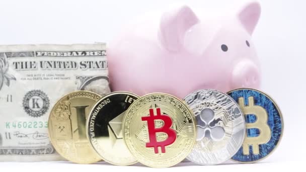 Prasátko Dolarem Bitmincemi Bílém Pozadí Jako Koncept Peněz Investic — Stock video