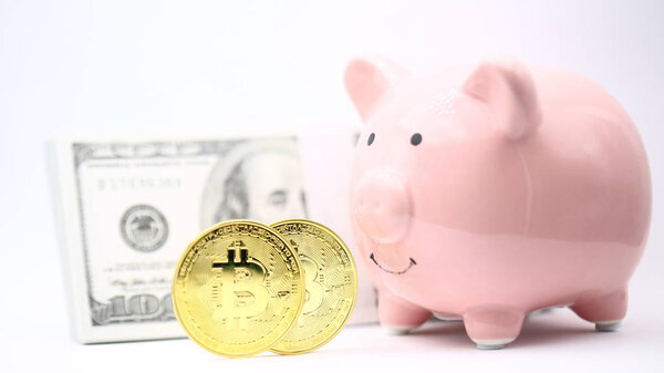 piggy bank and bitcoin concept of money savings and investment