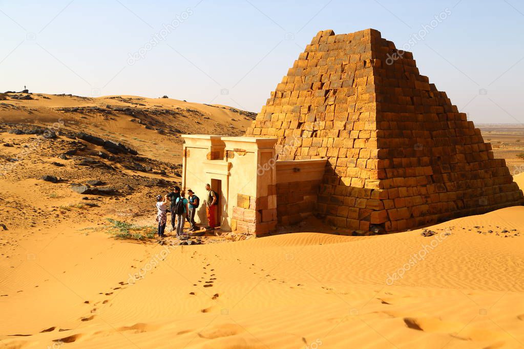 SUDAN, MEROE-CIRCA DECEMBER 2018--unidentified people in the antique ruin