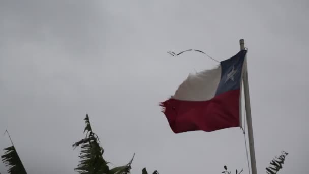 Bandera Rota Moviéndose Por Viento Tormentoso Contra Cielo Gris Chile — Vídeo de stock