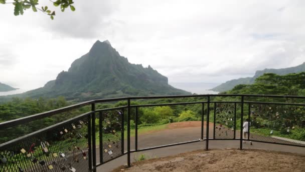 Padlocks Fence Mountains Background — Stockvideo