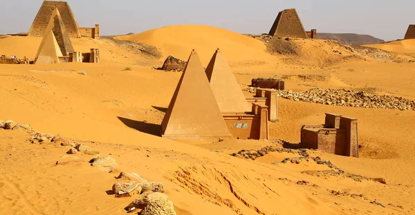 アフリカ スーダン メローで旧式なサボテンの真ん中に黒いファラオのピラミッドします — ストック写真