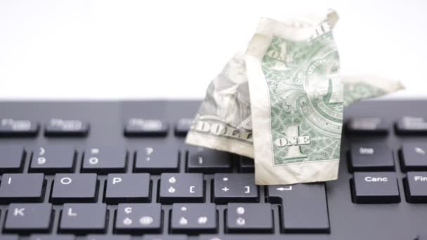 Close Footage Crumpled Dollar Bill Lying Computer Keyboard — Stock Video
