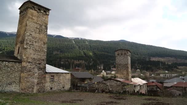 Beelden Van Mestia Old Village Beschermd Door Unnesco Georgië — Stockvideo