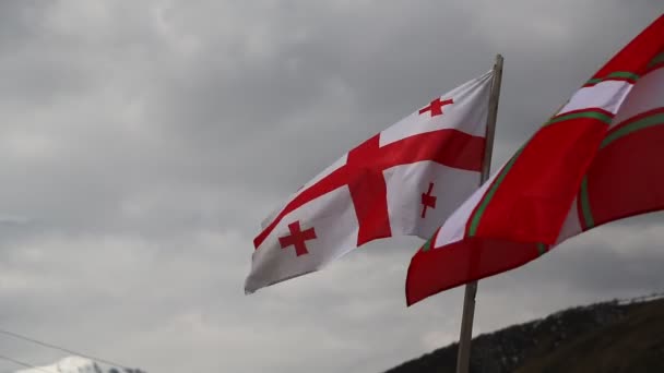 Bandeiras Acenando Pelo Vento Contra Céu Geórgia — Vídeo de Stock