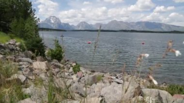 Grand Teton Ulusal Parkı 'ndaki gölün manzaralı görüntüleri.