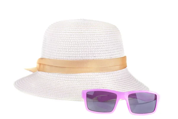 Chapéu Verão Sol Com Uma Fita Amarela Óculos Rosa Isolados — Fotografia de Stock