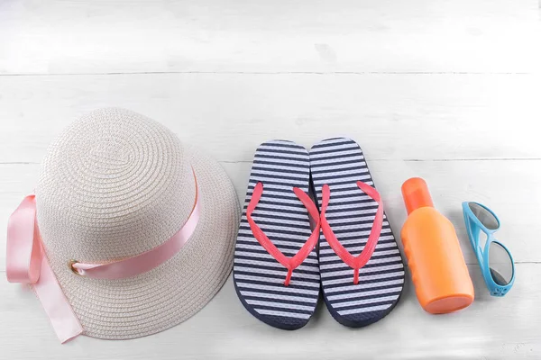 Summer Hat Pink Ribbon Vietnamese Suntan Cream Blue Sunglasses White — Stock Photo, Image