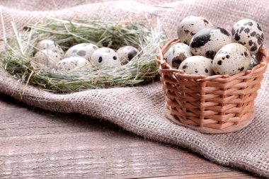 Bıldırcın yumurtası kahverengi ahşap arka plan üzerinde yuva yanındaki bir hasır sepet içinde