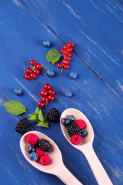 Petits Bleuets Frais Groseilles Framboises Dans Des Cuillères Bois Avec — Photo