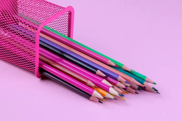 Many Multicolored Pencils Fall Out Glass Bright Pink Background School — Stock Photo, Image