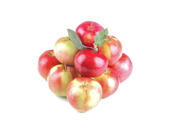 Πολλή Όμορφη Ώριμη Φρέσκο Κόκκινο Μήλο Πράσινα Φύλλα Άσπρο Φόντο — Φωτογραφία Αρχείου