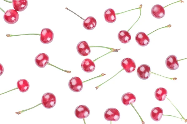 Varias Cerezas Frescas Maduras Brillantes Sobre Fondo Blanco Aislado Vista — Foto de Stock