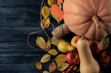 Kabak ile sonbahar kompozisyon ve elma ve armut ve sarı sonbahar meyve koyu mavi masada bırakır. üstten görünüm