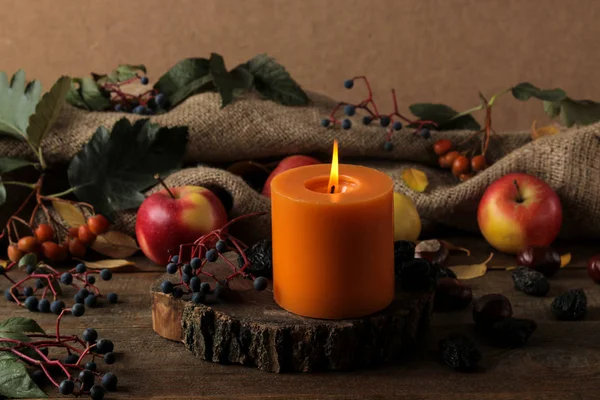 Autumn Composition Candles Autumn Fruits Berries Chestnuts Brown Wooden Table — Stock Photo, Image