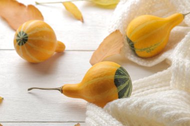 Dekoratif kabaklar ve sarı yaprakları ve sıcak bir eşarp sonbahar kompozisyonu. Sonbahar zaman. Beyaz ahşap bir masa üzerinde.