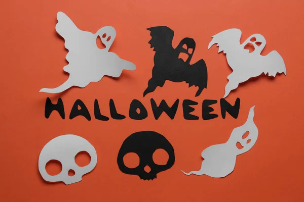 Halloween Feiertag Komposition Mit Verschiedenen Halloween Papierfiguren Blick Von Oben — Stockfoto